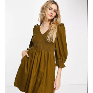 Madewell Olive Green Flannel Lucie VNeck Smocked Mini Dress Womens Medium